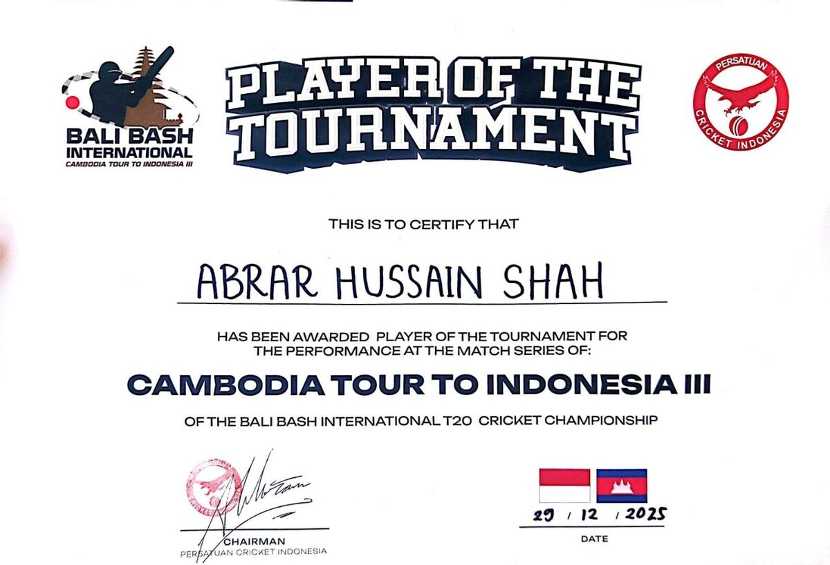 Player of the Tournament certificate awarded to Abrar Hussain Shah