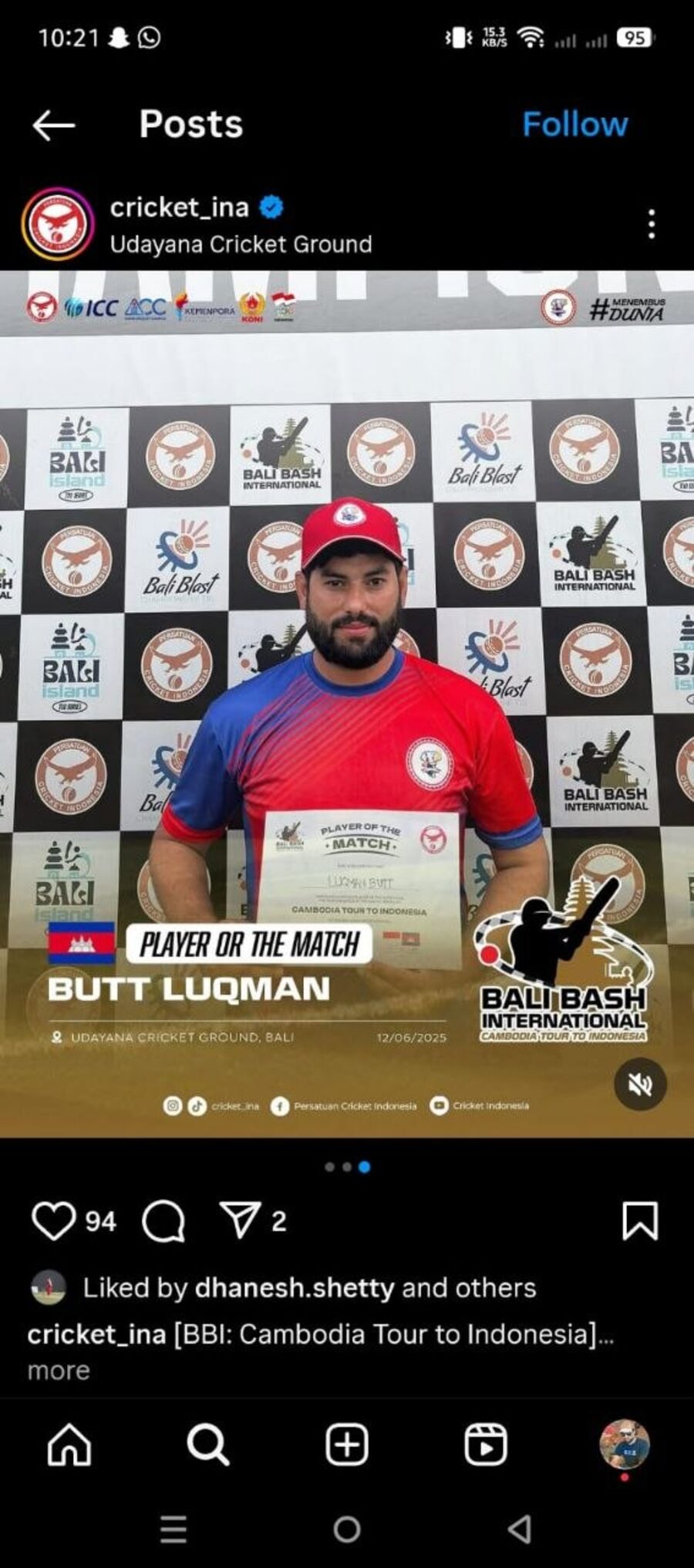 Persatuan Cricket Indonesia post naming Luqman Butt Player of the Match